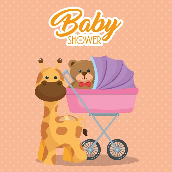 Baby-Duschkarte mit Bärenteddy im Einkaufswagen — Stockvektor