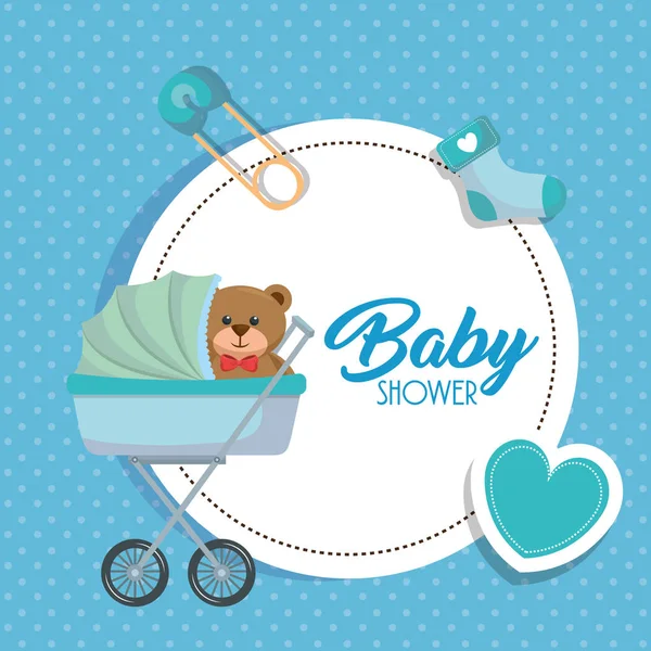 Baby shower card with bear teddy in cart — Stockvector