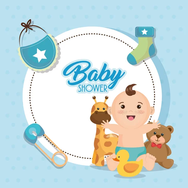 Kaart van de baby douche met kleine jongen — Stockvector