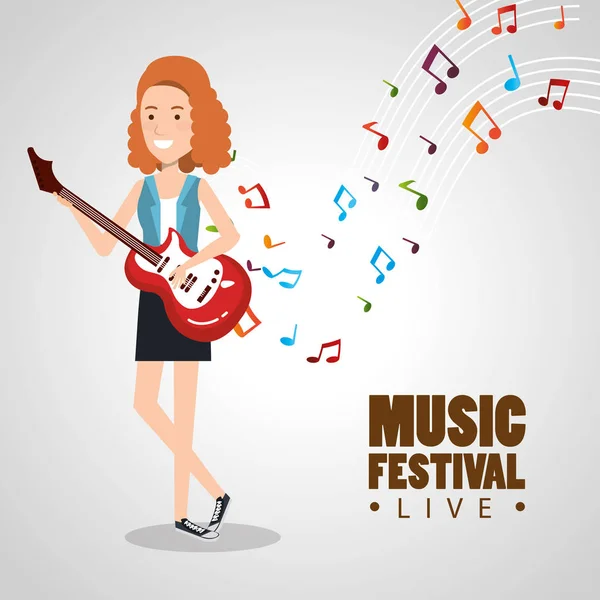 Festival de música en vivo con la mujer tocando guitarra eléctrica — Vector de stock