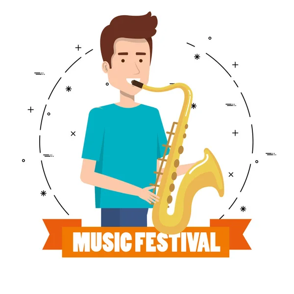 Festival de música ao vivo com o homem tocando saxofone — Vetor de Stock