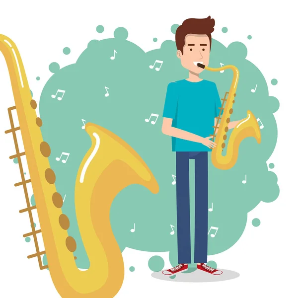Cartoon character playing saxophone | Young man playing sax cartoon
