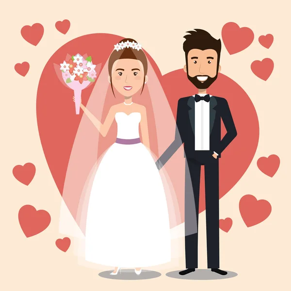 Appena sposati coppia con cuori avatar personaggi — Vettoriale Stock