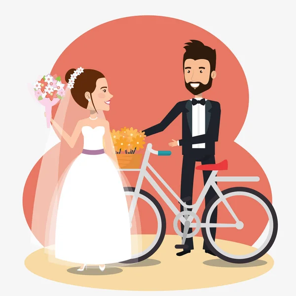 Just married couple in bicycle avatars characters — Stock Vector