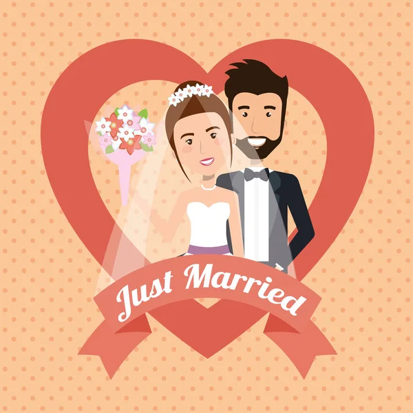 Μόλις παντρεμένο ζευγάρι με χαρακτήρες είδωλα καρδιές — Διανυσματικό Αρχείο