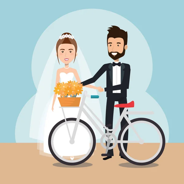 Just married couple in bicycle avatars characters — Stock Vector