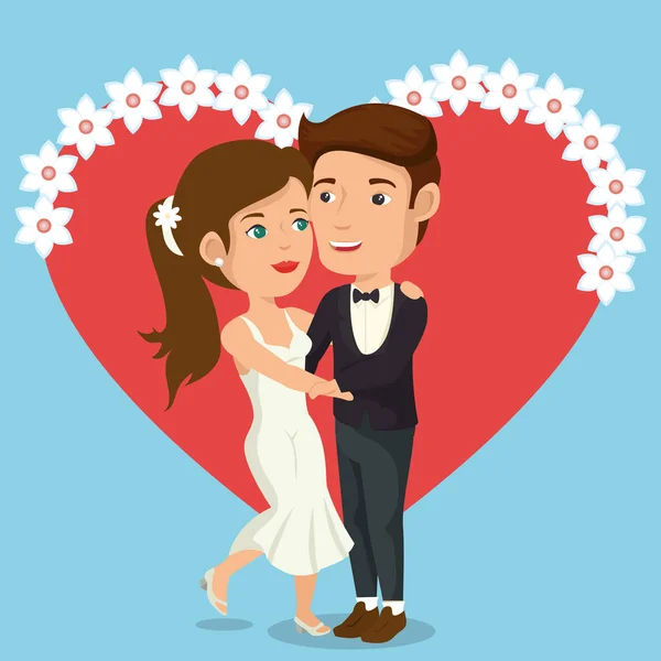 Just married couple with hearts avatars characters — Stock Vector