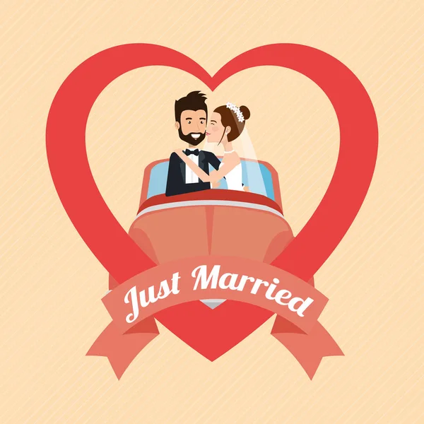 Just married couple with car avatars characters — Stock Vector