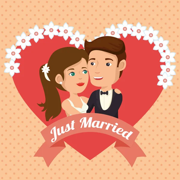 Just married couple with hearts avatars characters — Stock Vector