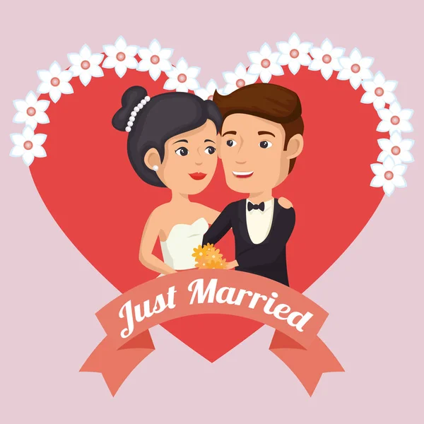Just married couple with hearts avatars characters — Stock Vector