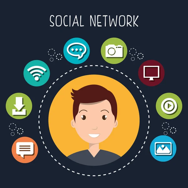 Mannen med sociala nätverksikoner — Stock vektor