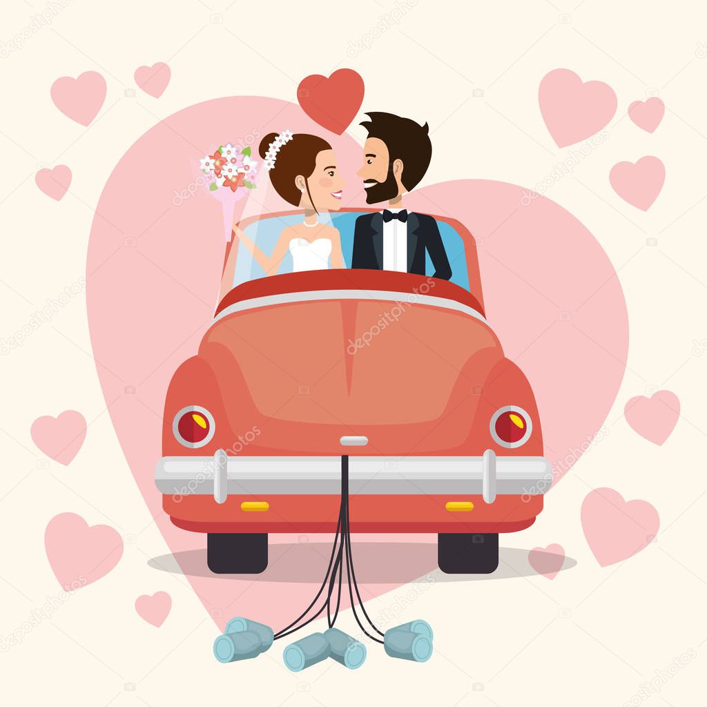 just married couple with car avatars characters