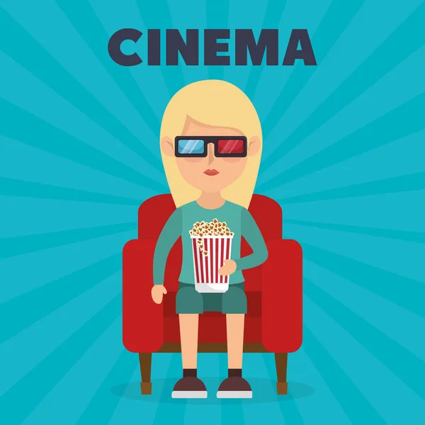 Žena jíst popcorn a sledování filmu 3d — Stockový vektor
