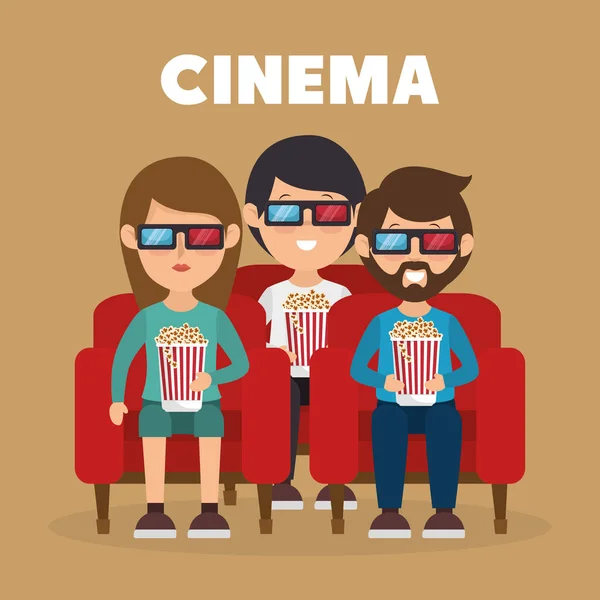 Kino lidé jíst popcorn a sledování filmu 3d — Stockový vektor