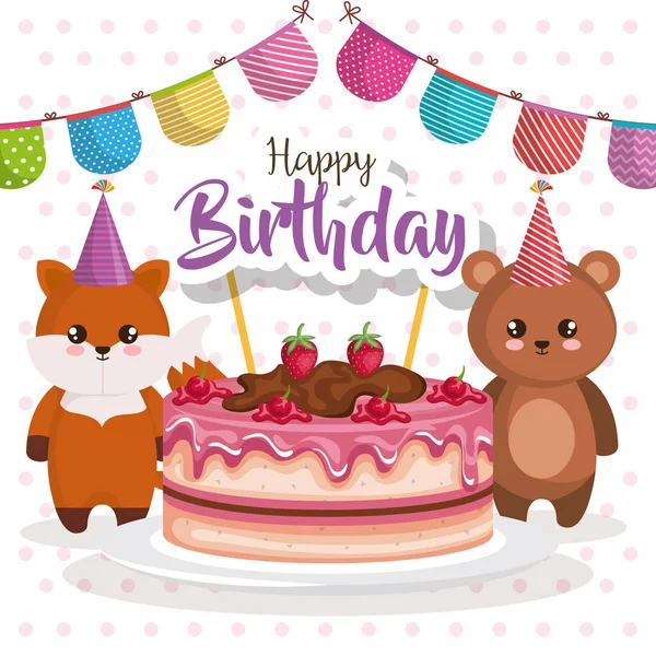 Χαρούμενα γενέθλια κάρτα με teddy αρκούδα και αλεπού — Διανυσματικό Αρχείο