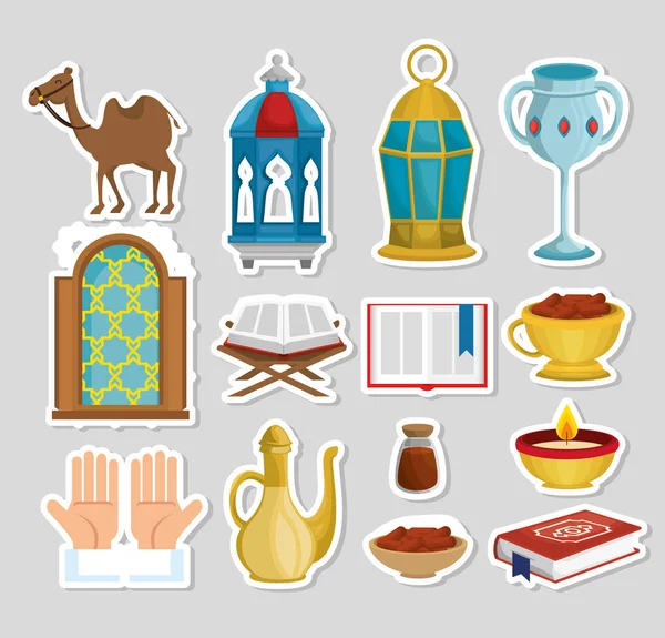 Cartão kareem ramadan com ícones definidos — Vetor de Stock
