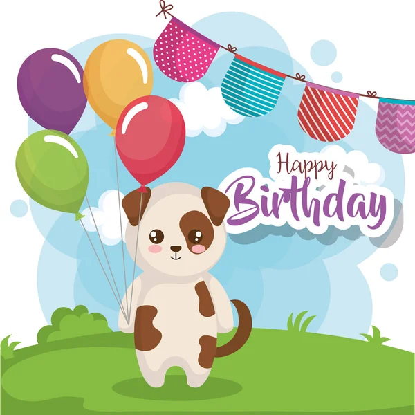 Cartão de aniversário feliz com cão — Vetor de Stock