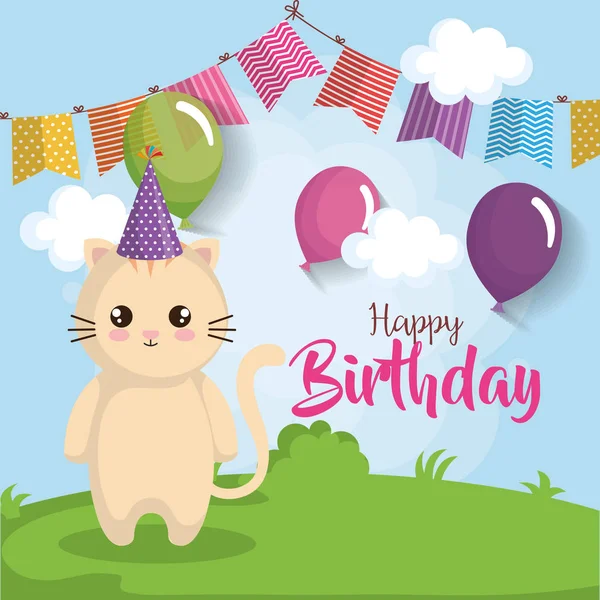 Cartão de aniversário feliz com gato — Vetor de Stock
