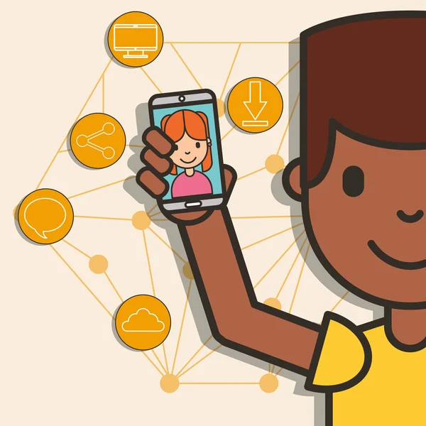 Хлопчик тримає дівчину зі смартфона на екрані підключені соціальні медіа — стоковий вектор
