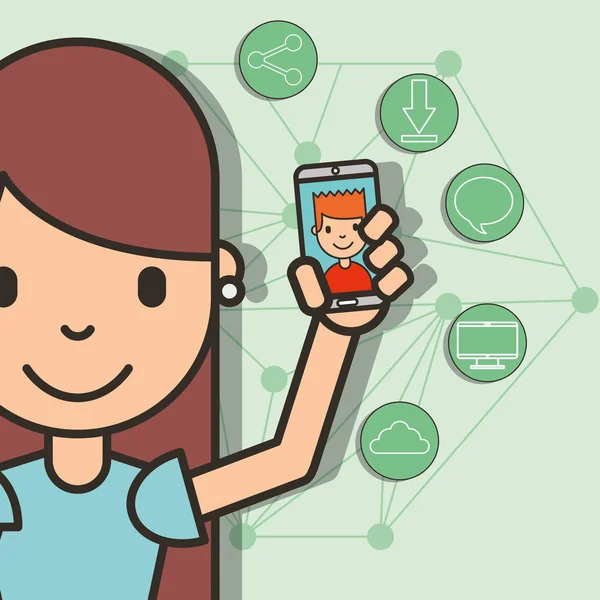 Щаслива дівчина зі смартфоном у руці хлопчик розмовляє соціальними медіа — стоковий вектор