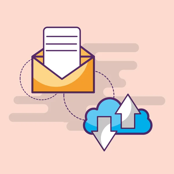 Email di comunicazione cloud computing scaricare e caricare frecce — Vettoriale Stock