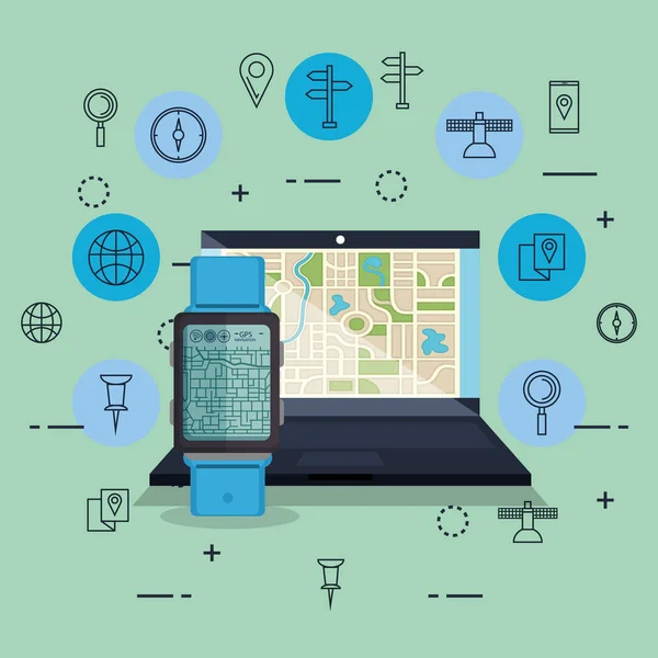 Ordinateur portable avec logiciel de navigation GPS — Image vectorielle