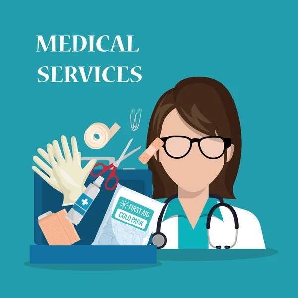 Femme médecin avec des icônes de services médicaux — Image vectorielle