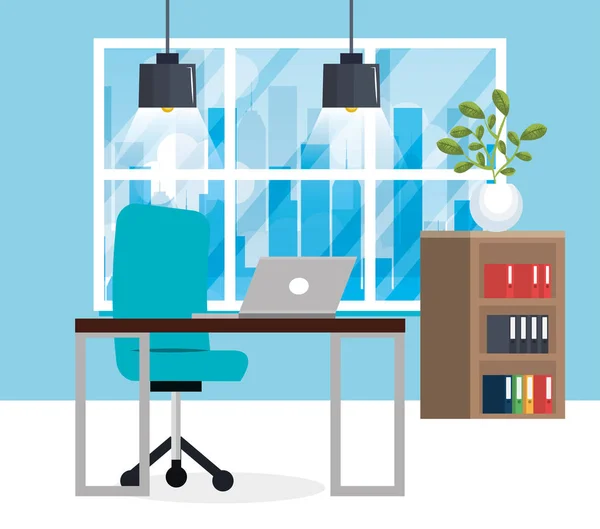 Oficina lugar de trabajo escena icono — Vector de stock