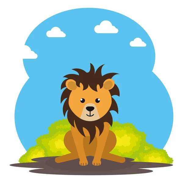 Lindo león en el campo paisaje carácter — Vector de stock