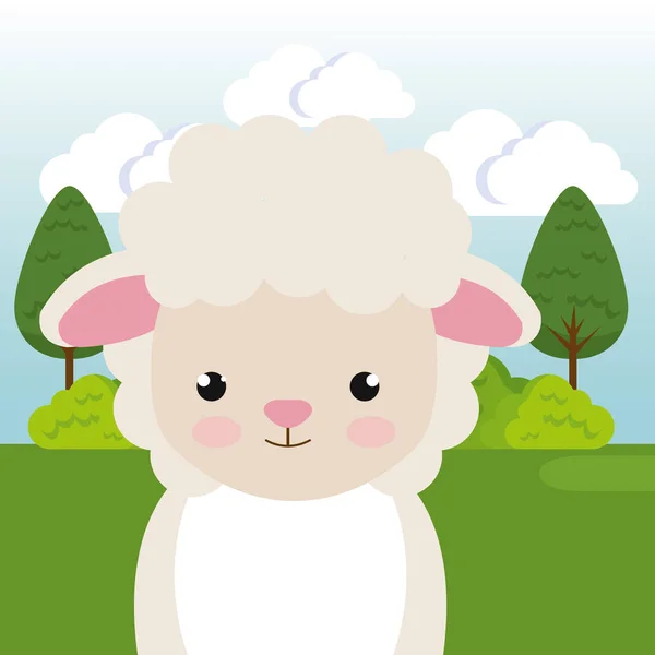 Cute sheep in the field landscape character — Stock Vector