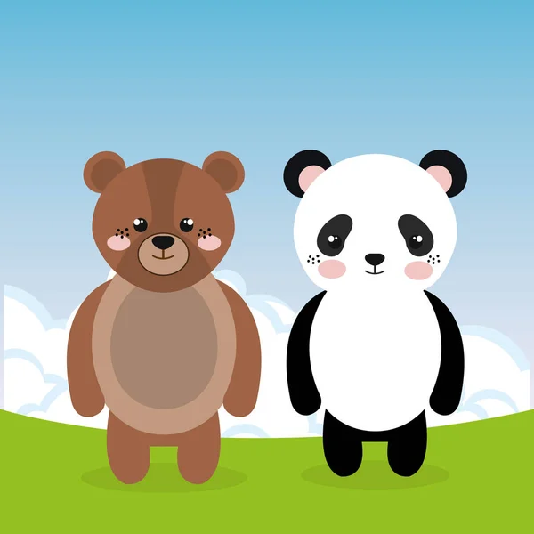 Ours panda mignon et nounours dans les personnages de paysage de champ — Image vectorielle