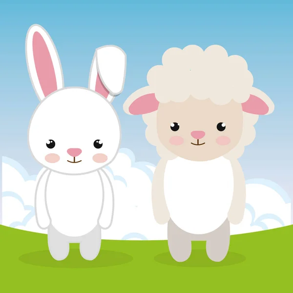 Simpatico coniglio e pecore nel campo caratteri del paesaggio — Vettoriale Stock