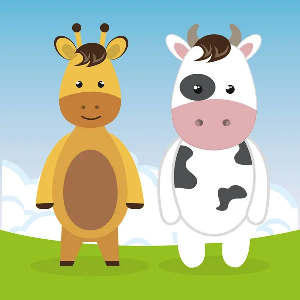 Χαριτωμένο καμηλοπάρδαλη και αγελάδα στο πεδίο τοπίο χαρακτήρες — Διανυσματικό Αρχείο