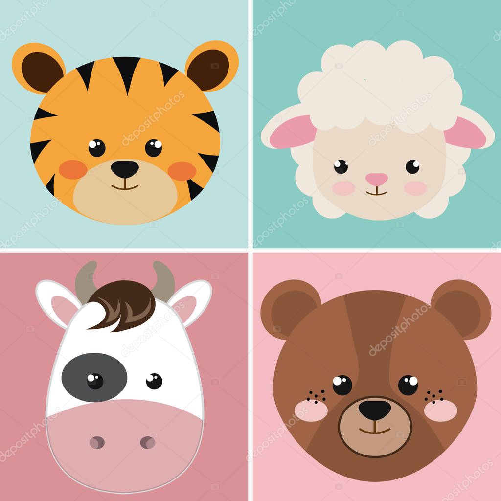 cute group head animals characters