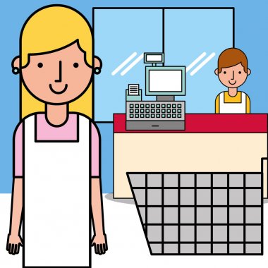 people workers supermarket shopping cart and cash register clipart