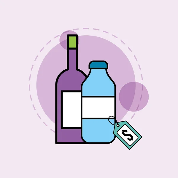 Wijn fles en container glas kruidenier producten prijs — Stockvector