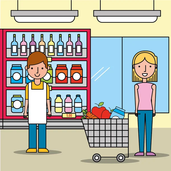 Vendedor y cliente mujer con carrito de la compra en el supermercado — Archivo Imágenes Vectoriales