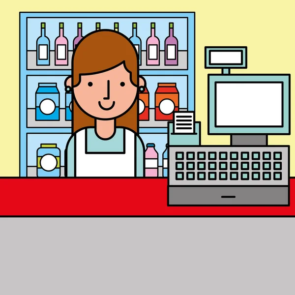 Mujer caja registradora y estantes supermercado de dibujos animados — Vector de stock