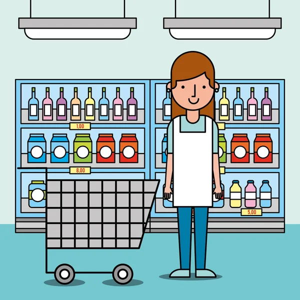 Жінка працівник супермаркет з кошиком і полицями з їжею — стоковий вектор
