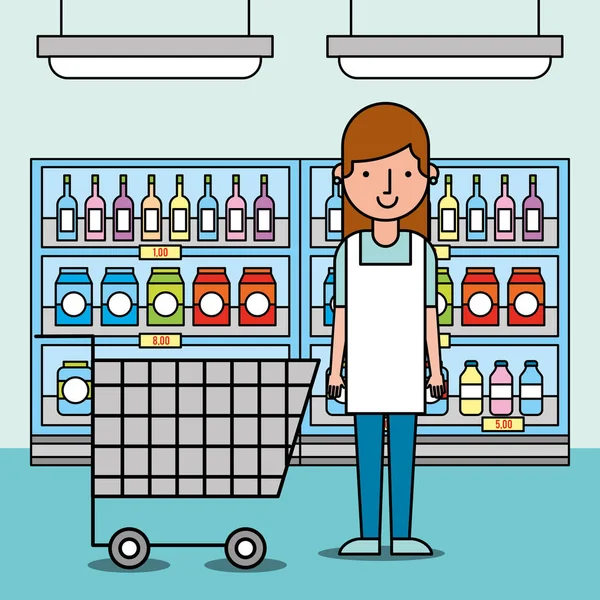 kadın işçi süpermarket alışveriş sepeti ve raflar ile gıda ile