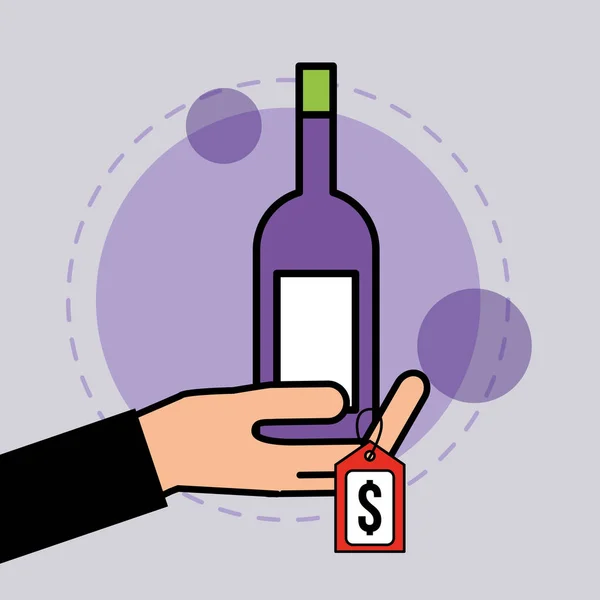 Ręka trzyma butelkę wina tag cena — Wektor stockowy