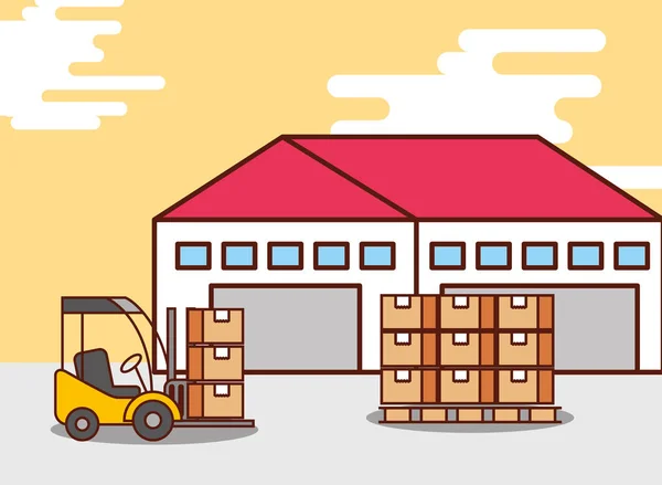 Logistiek magazijn kartonnen dozen en heftruck machine — Stockvector