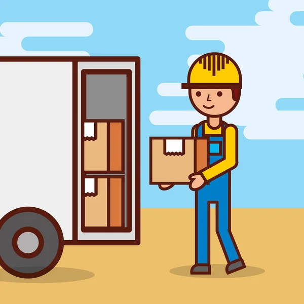 Uomo corriere di consegna postale uomo di fronte al carico camion consegna pacchetto — Vettoriale Stock