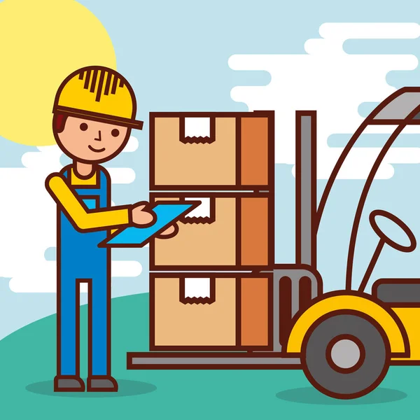 Logistické pracovníka a vozíkem boxy — Stockový vektor