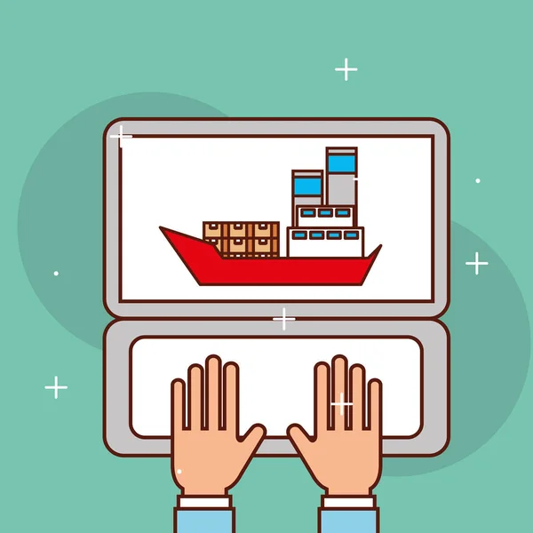 Ruce, pracovní notebook logistiky nákladní přepravní kontejnery — Stockový vektor