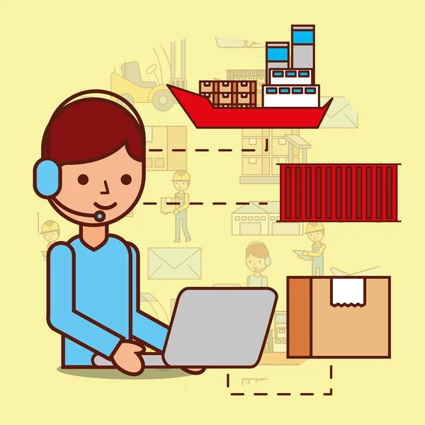 Hombre de dibujos animados auriculares operador y portátil caja contenedor barco — Vector de stock