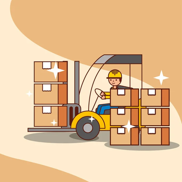 Empilhadeira com homem dirigindo caixas de papelão de carregamento — Vetor de Stock