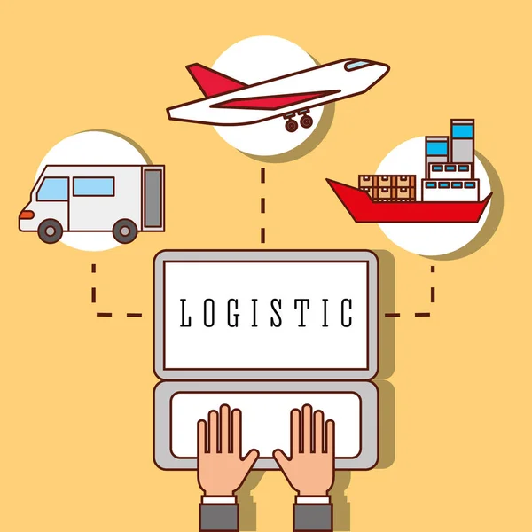 Mãos trabalhando avião de caminhão logístico laptop e barco de carga —  Vetores de Stock