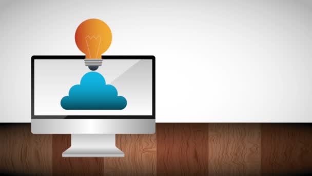 Monitor computer cloud opslag en idee lamp — Stockvideo