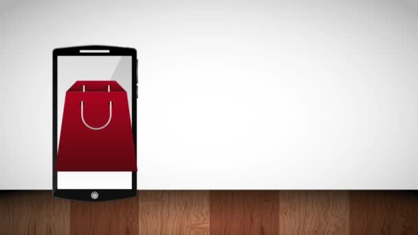 Smartphone-Geschenkbox und Einkaufstasche auf dem Bildschirm online — Stockvideo